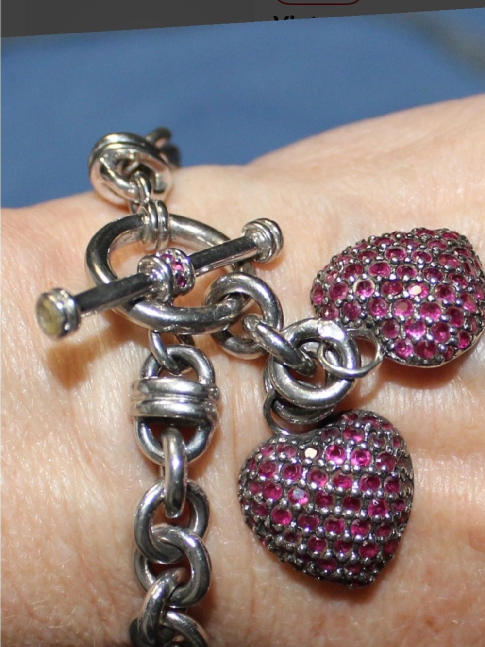 Vintage Double Heart Pave Ruby toggle bracelet in sterling silver.